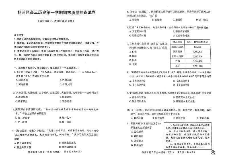 上海市杨浦区2021年高三第一学期期末（一模）学科质量检测历史试题01