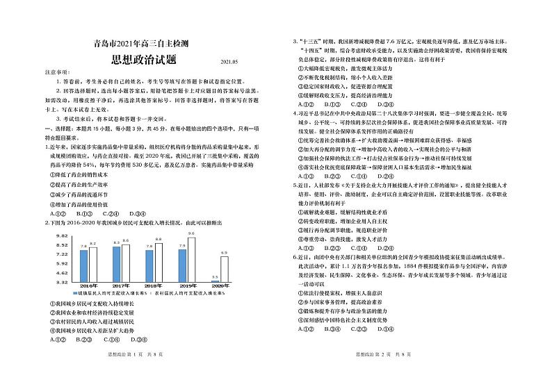 青岛市2021年高三三模政治真题及参考答案01