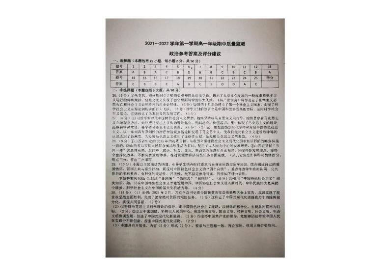 山西省太原市2021-2022学年高一上学期期中质量监测政治试题扫描版含答案01