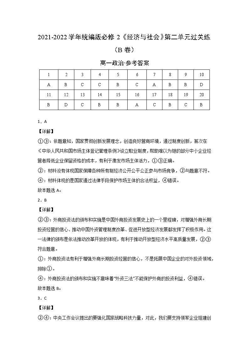 2021-2022學年高一政治統(tǒng)編版必修2第二單元AB卷（B卷）（答案）第1頁