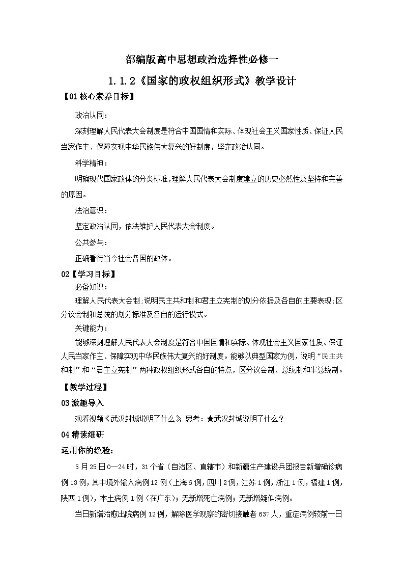 【核心素养目标】部编版选择性必修一1.1.2《国家的政权组织形式》课件+教案+视频+同步分层练习(含答案解析)01