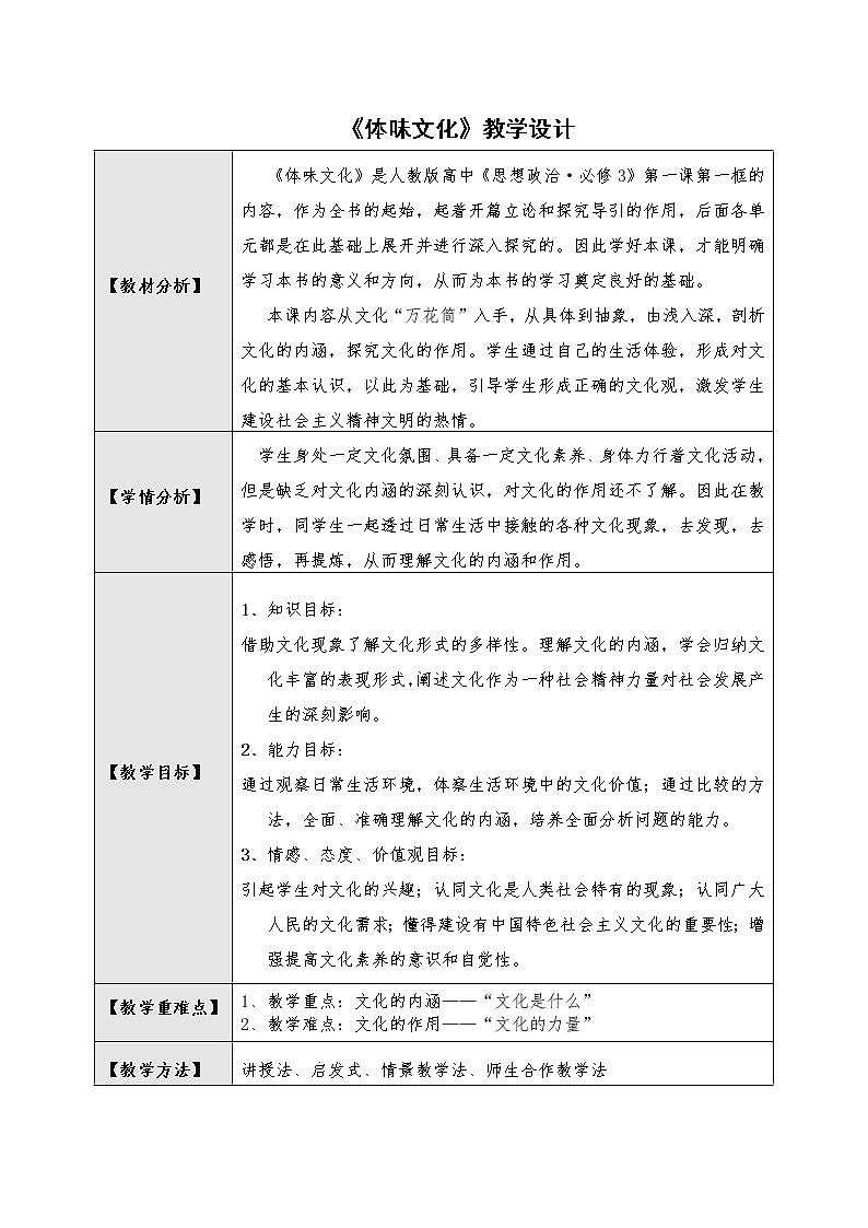 高中政治人教版必修三文化生活体味文化 教案01