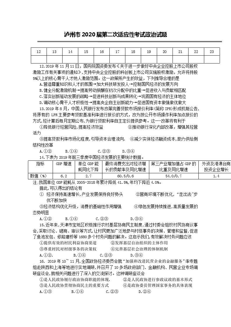 四川省泸州市2020届高三第二次适应性考试文综政治试题 Word版含答案01