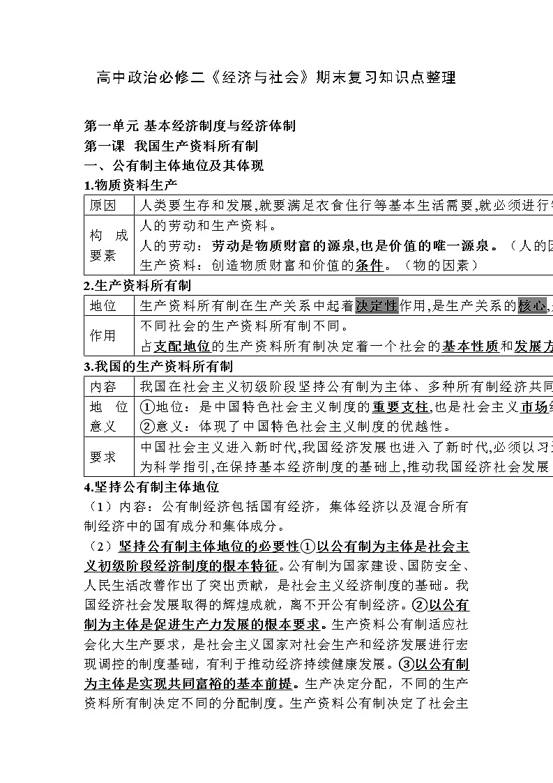 高中政治必修二《经济与社会》期末复习知识点整理教案第1页