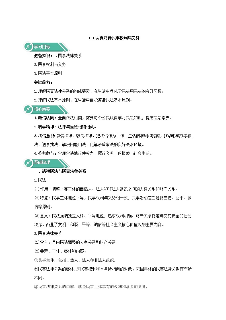 1.1认真对待民事权利与义务(教学学案)——2021-2022学年高中政治人教统编版选择性必修2第1页