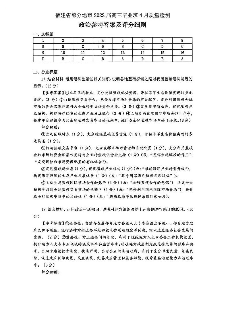 福建省部分地市(福州、厦门、莆田、三明、南平、宁德、龙岩)2022届高三毕业班4月诊断性联考政治答案第1页