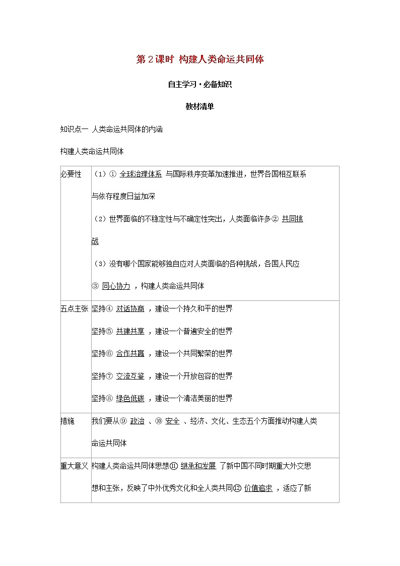 新人教版高中政治选择性必修第一册第二单元世界多极化第五课第2课时构建人类命运共同体学案01