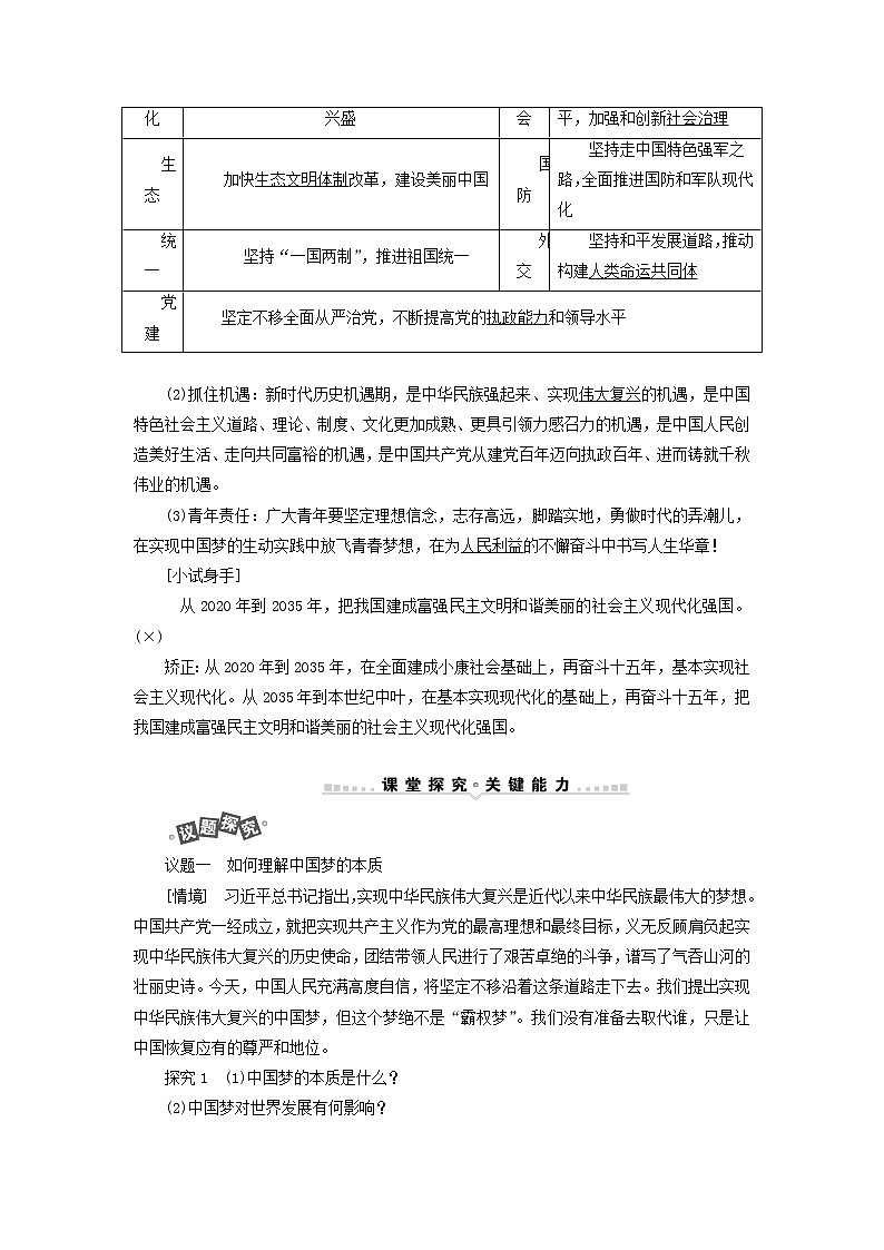 新人教版高中政治必修1第四课只有坚持和发展中国特色社会主义才能实现中华民族伟大复兴第二框实现中华民族伟大复兴的中国梦学案03