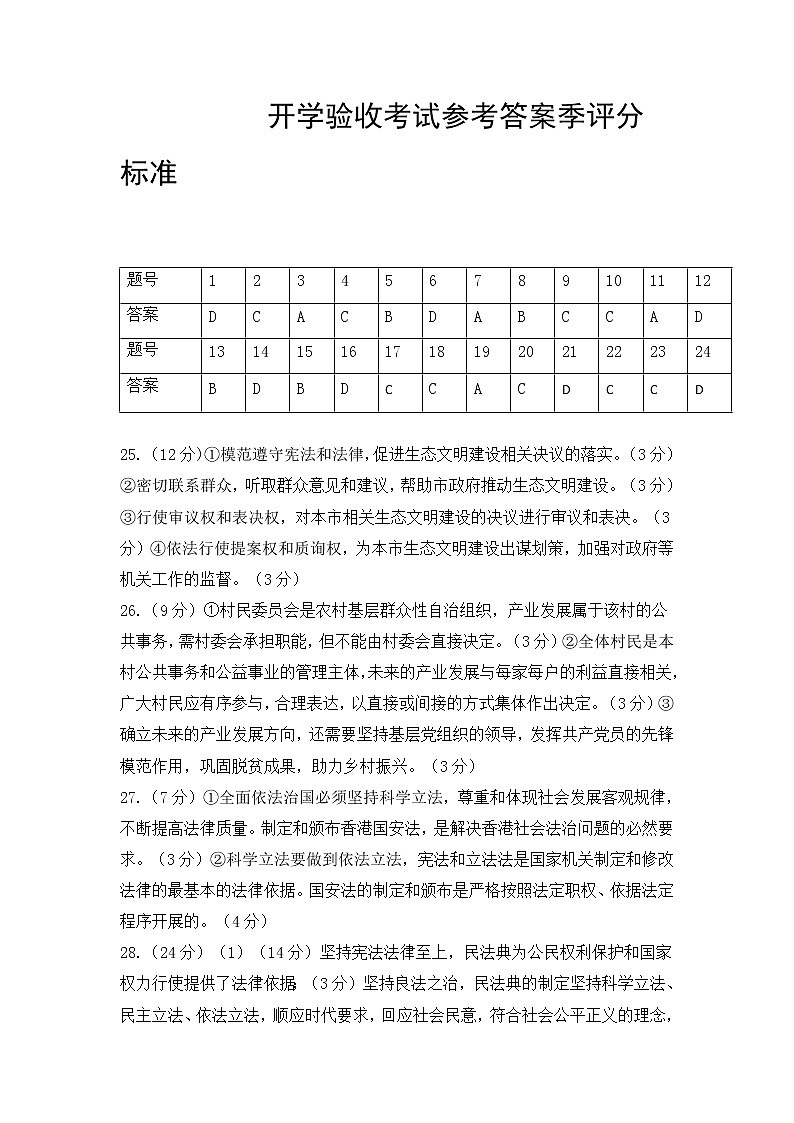 黑龙江省齐齐哈尔市第八中学校2020-2021学年高二上学期开学考试政治答案第1页
