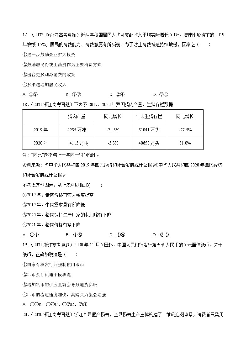 专题01 生活与消费-五年(2018-2022)高考政治真题分项汇编(浙江专用)(原卷版)第2页