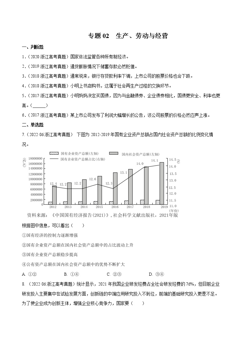 专题02 生产、劳动与经营-五年（2018-2022）高考政治真题分项汇编（浙江专用）