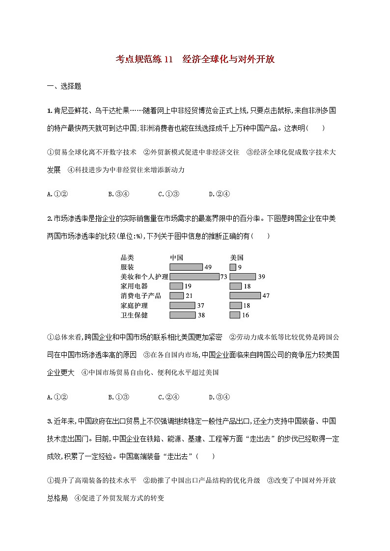 高考思想政治一轮复习考点规范练11经济全球化与对外开放含解析新人教版第1页