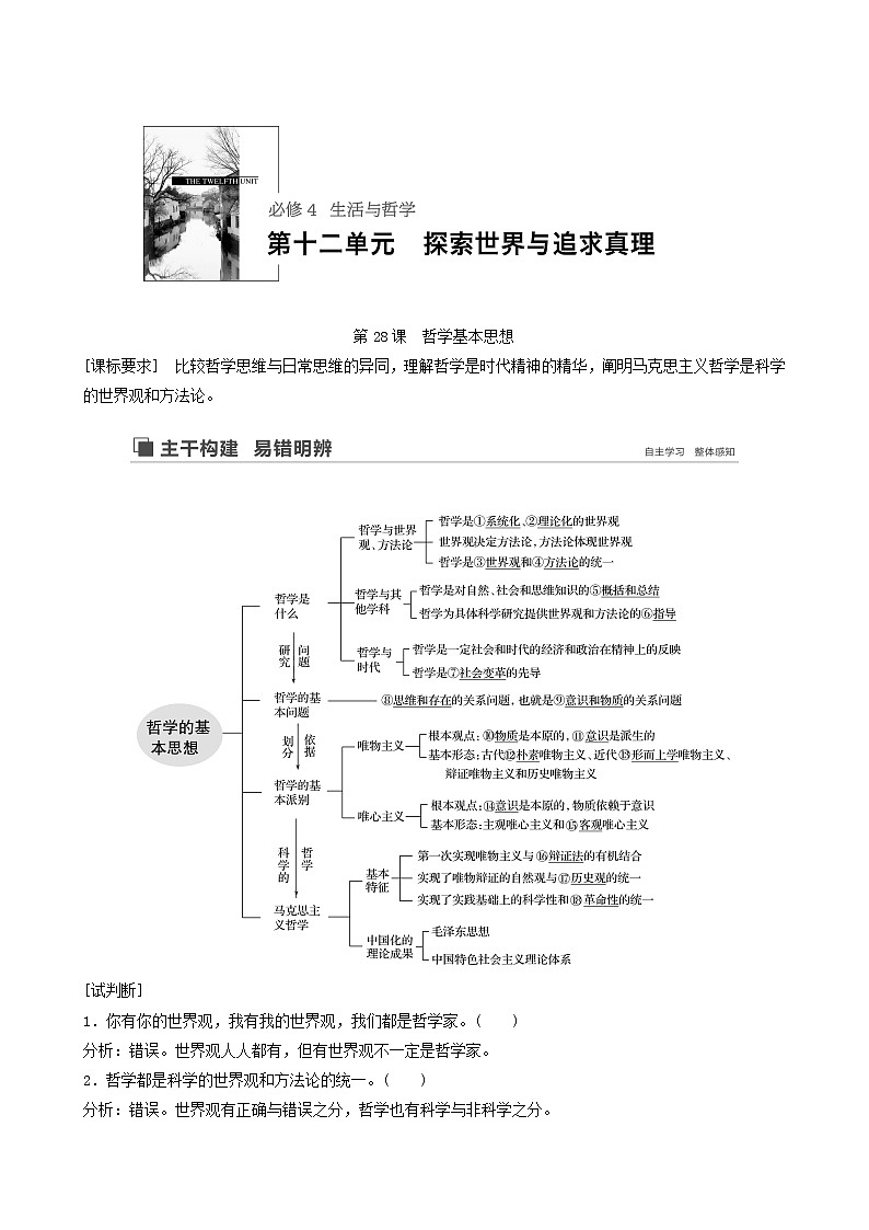 新高考政治(鲁京津琼)大一轮复习必修4第12单元第28课哲学基本思想学案01