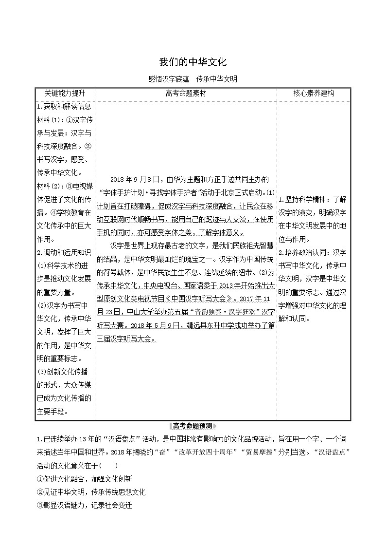 高考政治一轮复习第3单元中华文化与民族精神6我们的中华文化时政热点练含解析01
