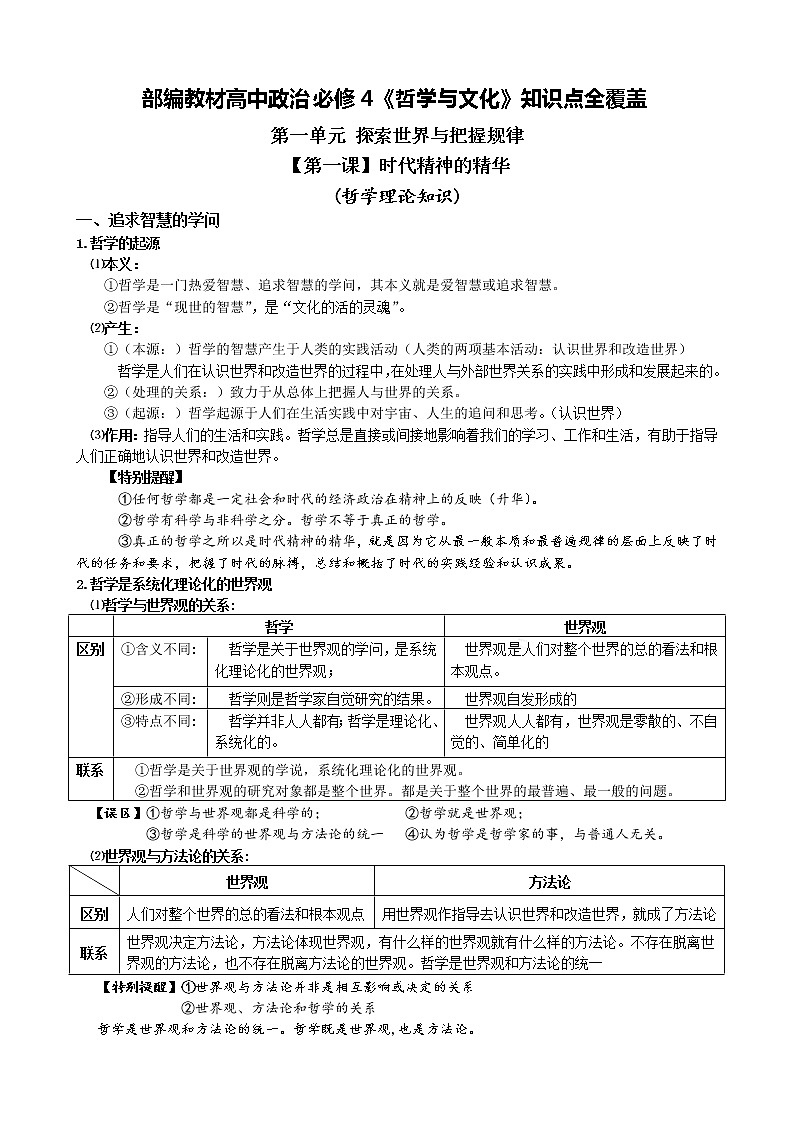 高中政治必修四 《哲学与文化》知识点全覆盖01