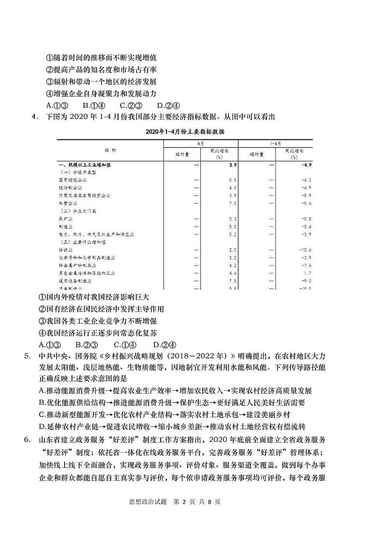 青岛市2020年高三自主检测-政治第2页