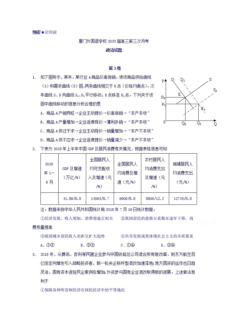 2020厦门外国语学校高三12月月考政治试题缺答案第1页