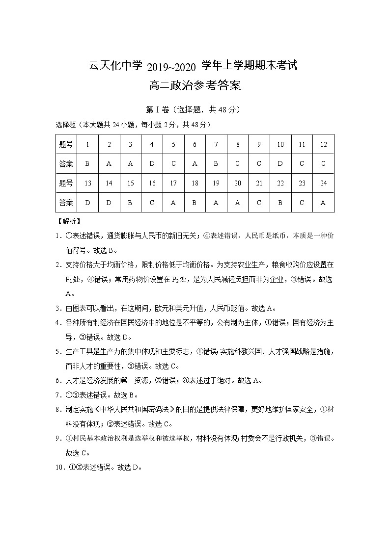 2020云南省云天化中学高二上学期期末考试政治试题PDF版含答案01