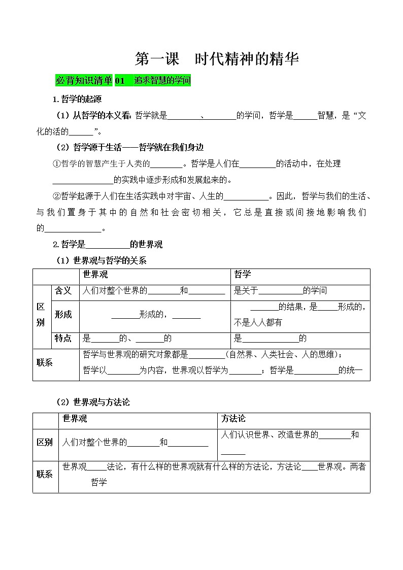 【必背知识清单】统编版高中政治必修4 第一课 时代精神的精华-知识清单01