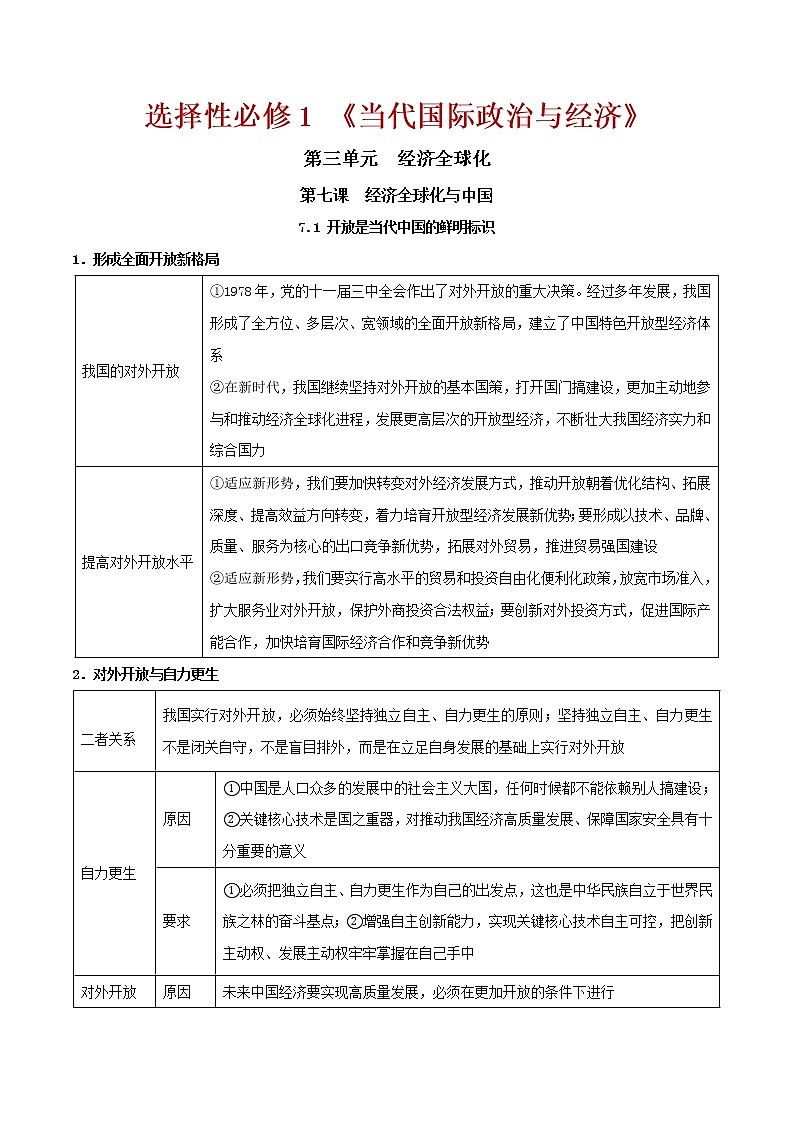 第七课 经济全球化与中国(单元知识点)01
