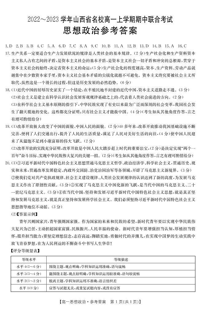 2023山西省名校高一上学期期中联合考试政治试题PDF版含答案01