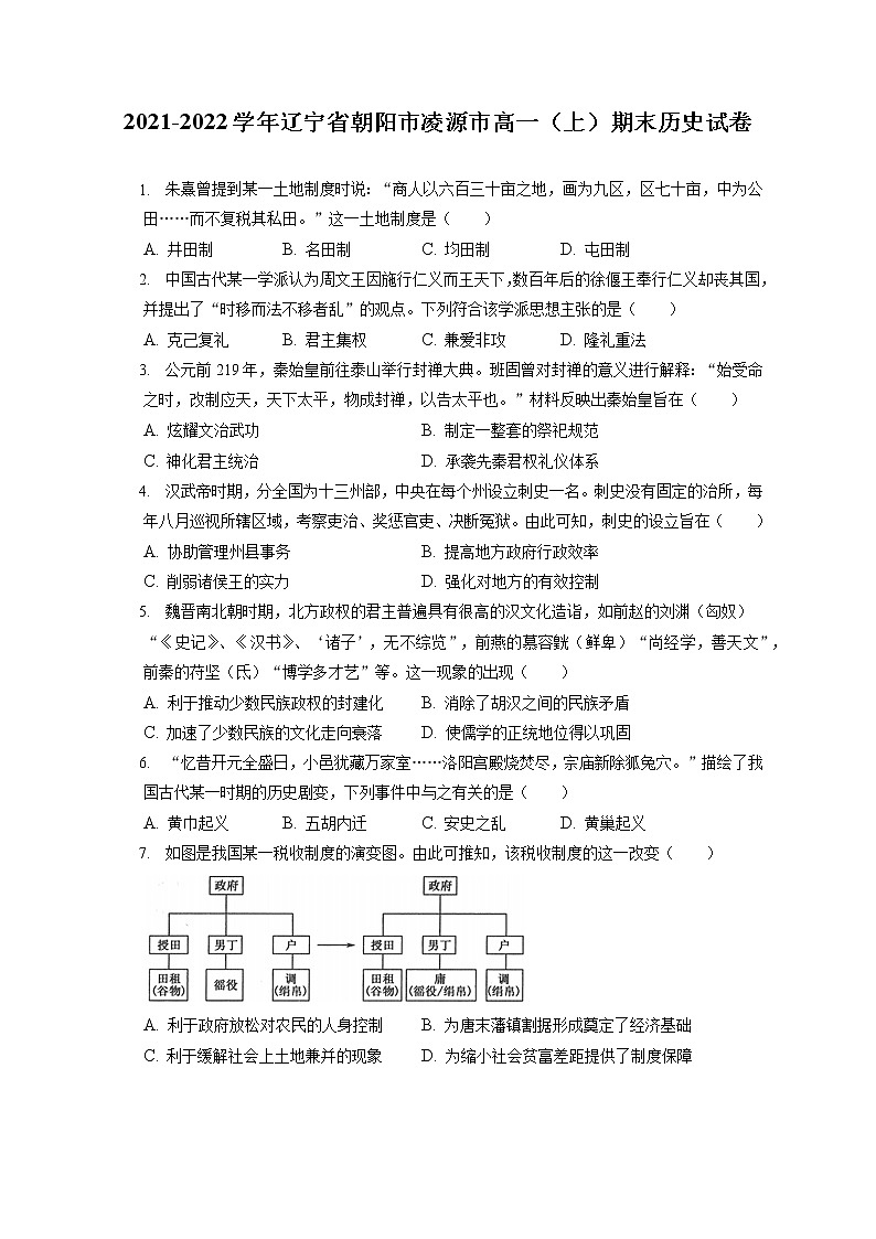 2021-2022学年辽宁省朝阳市凌源市高一(上)期末历史试卷(含答案解析)第1页
