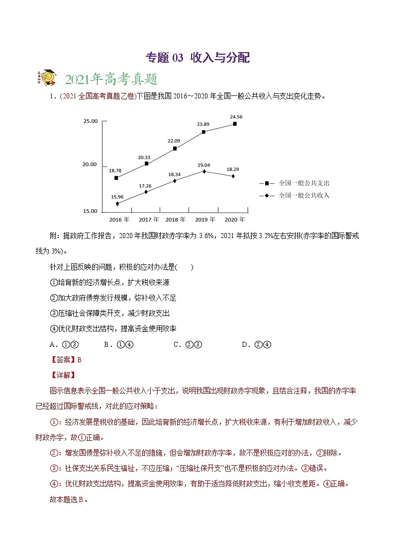 新高中政治高考专题03 收入与分配-2021年高考政治真题与模拟题分类训练(教师版含解析)第1页