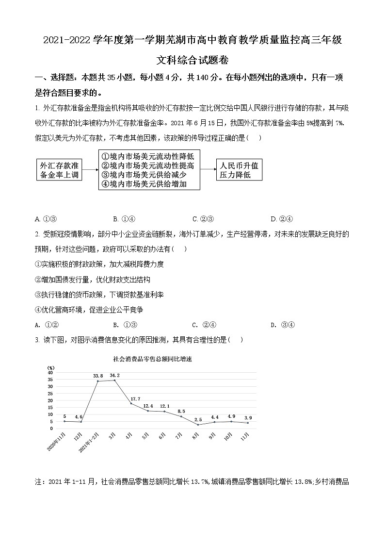 安徽省芜湖市2021-2022学年高三上学期期末质量监控文综政治试题无答案第1页
