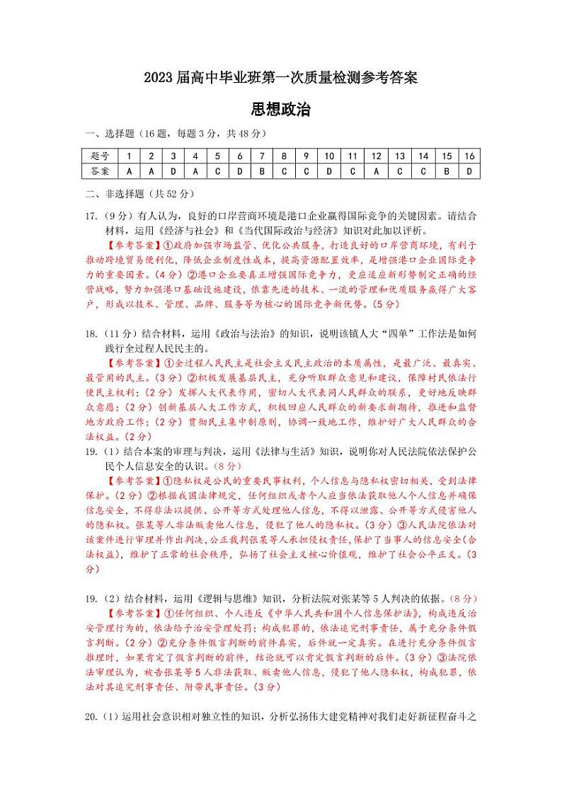 2023福建省七地市(厦门、福州、莆田、三明、龙岩、宁德、南平)高中毕业班高考第一次质量检测 政治试题01