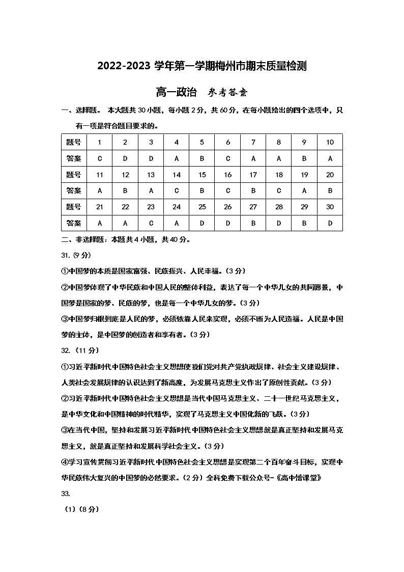 2023梅州高一上学期期末政治试题扫描版含答案01