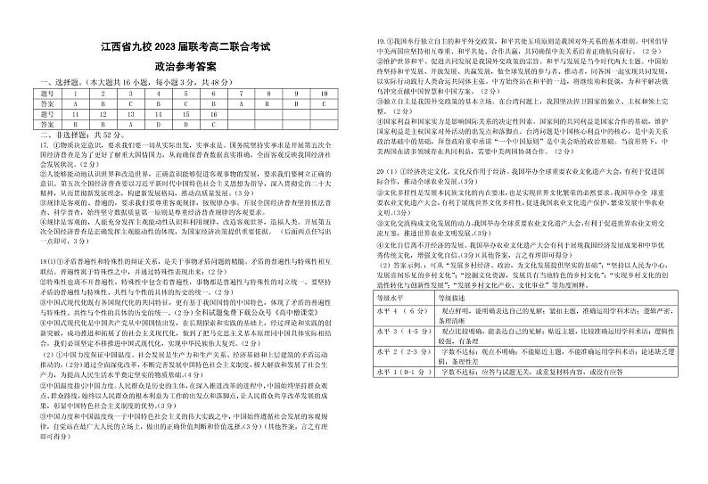 2023江西省五市九校高二下学期开学检测政治试题含答案01