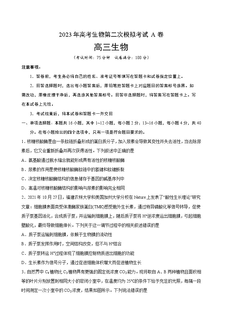 2023年高考政治第二次模拟考试卷—生物(福建A卷)(考试版)第1页