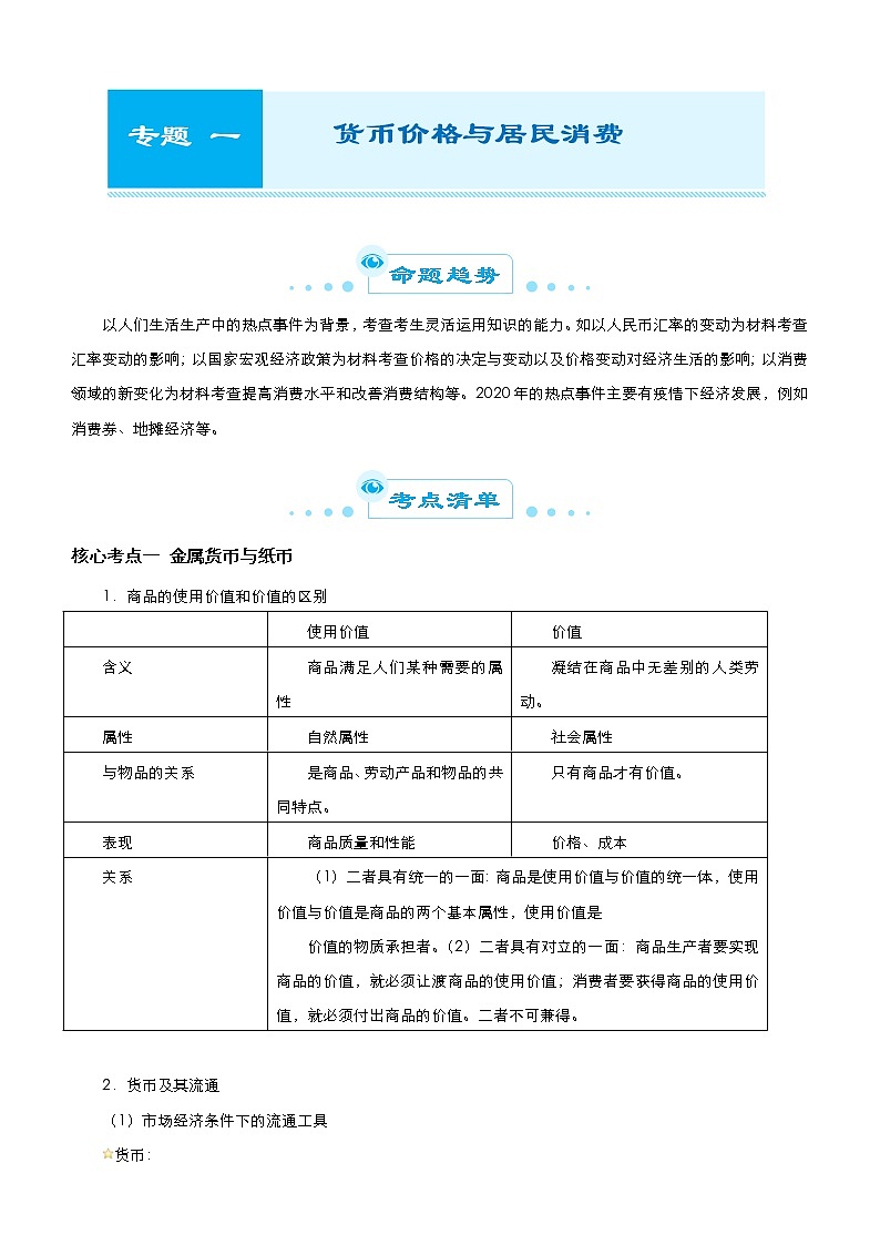 (新高考)高考政治二轮精品专题一 货币价格与居民消费 教师版第1页