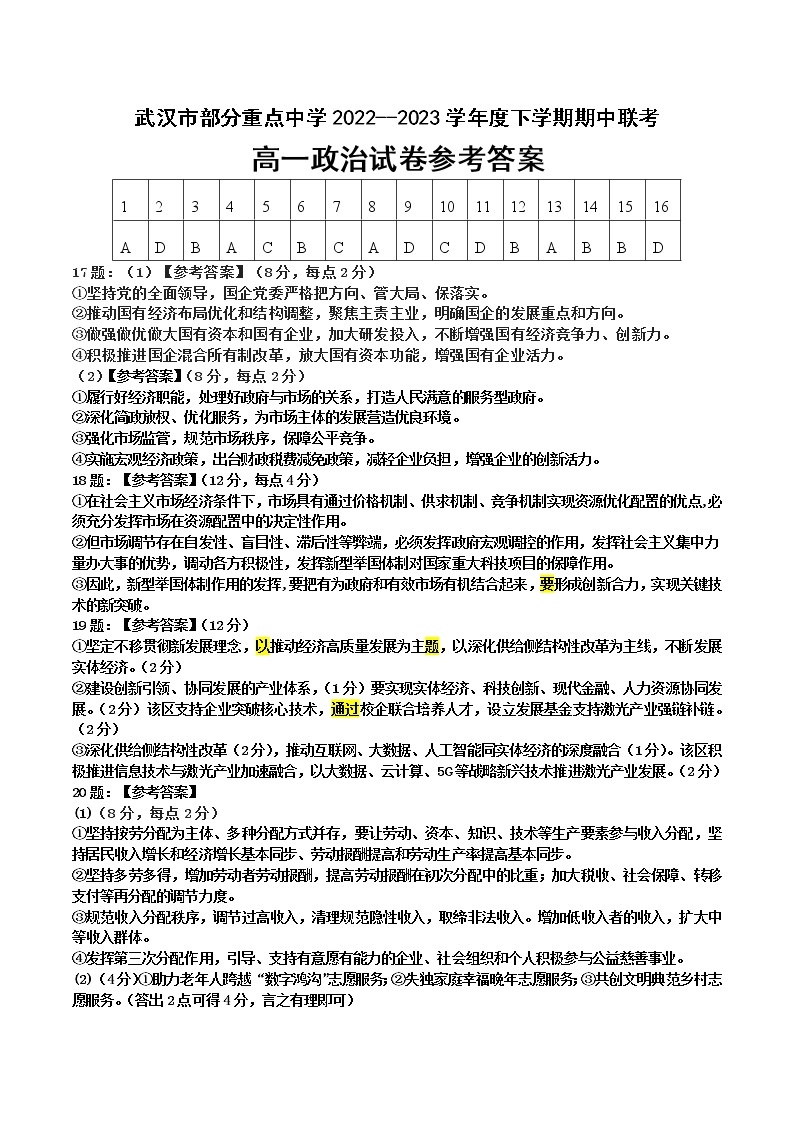 2023武汉部分重点中学高一下学期期中联考试题政治含答案01