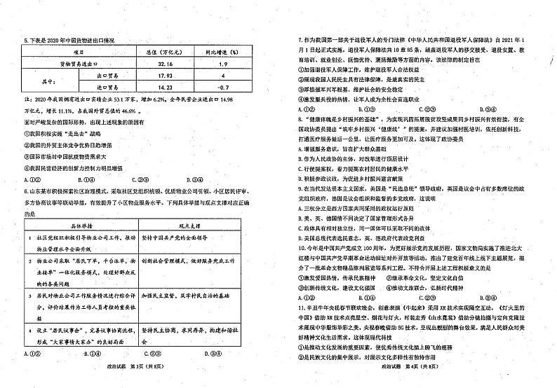 山东省实验中学2021届高三4月第一次模拟考试政治试题第2页