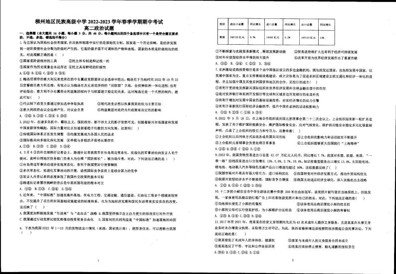 广西柳州地区民族高级中学2022-2023学年高二下学期期中考试政治试题01
