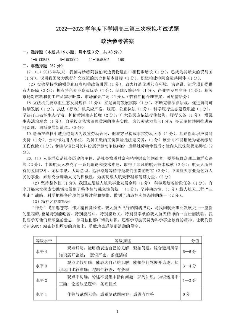 辽宁省辽东南协作校2023届高三下学期第三次模拟考试高三三模政治答案第1页