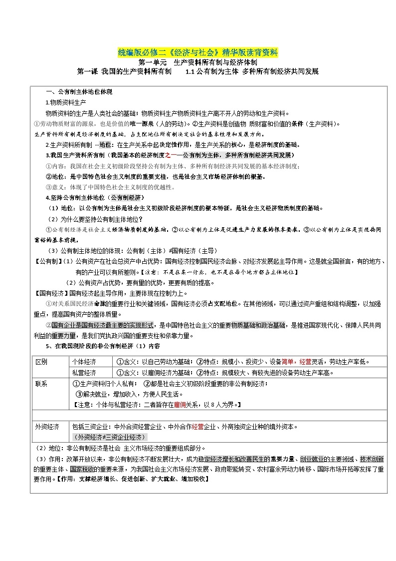 第一课 我国的生产资料所有制——【期末复习】高中政治章节知识点梳理（统编版必修二）01