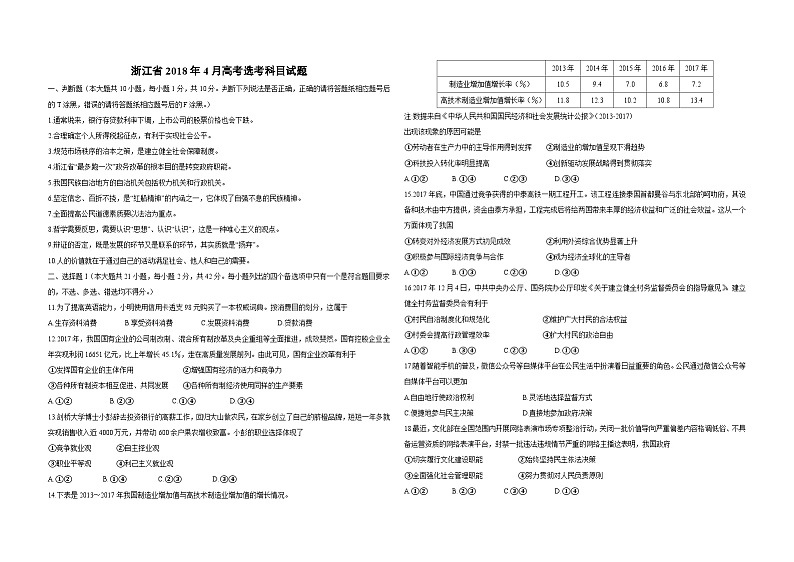 2018年浙江省高考政治【4月】(原卷版)第1页