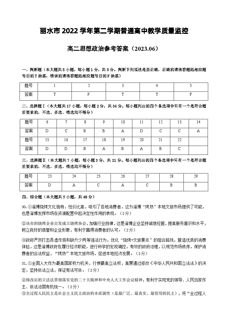 浙江省丽水市2022-2023学年高二下学期普通高中期末教学质量监控政治参考答案第1页
