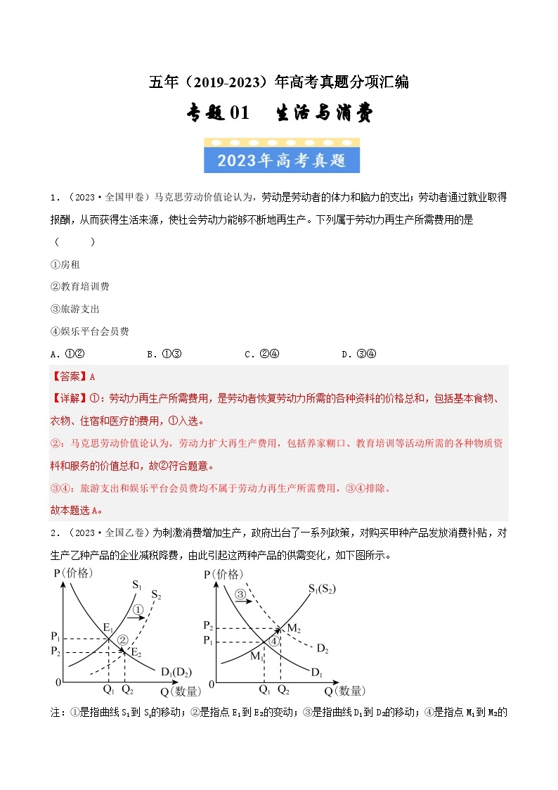 高考政治真题分项汇编（全国通用）五年（2019-2023）专题01 生活与消费01