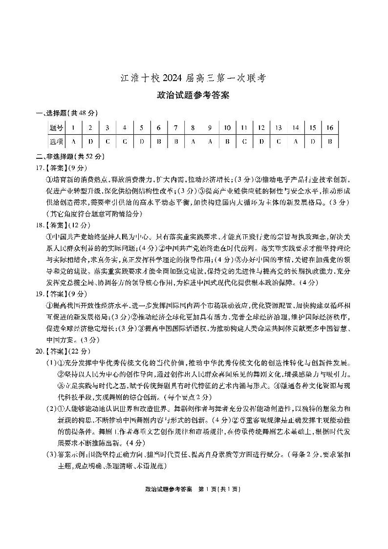 2024安徽省江淮十校高三上学期开学考试(8月)政治PDF版含答案01