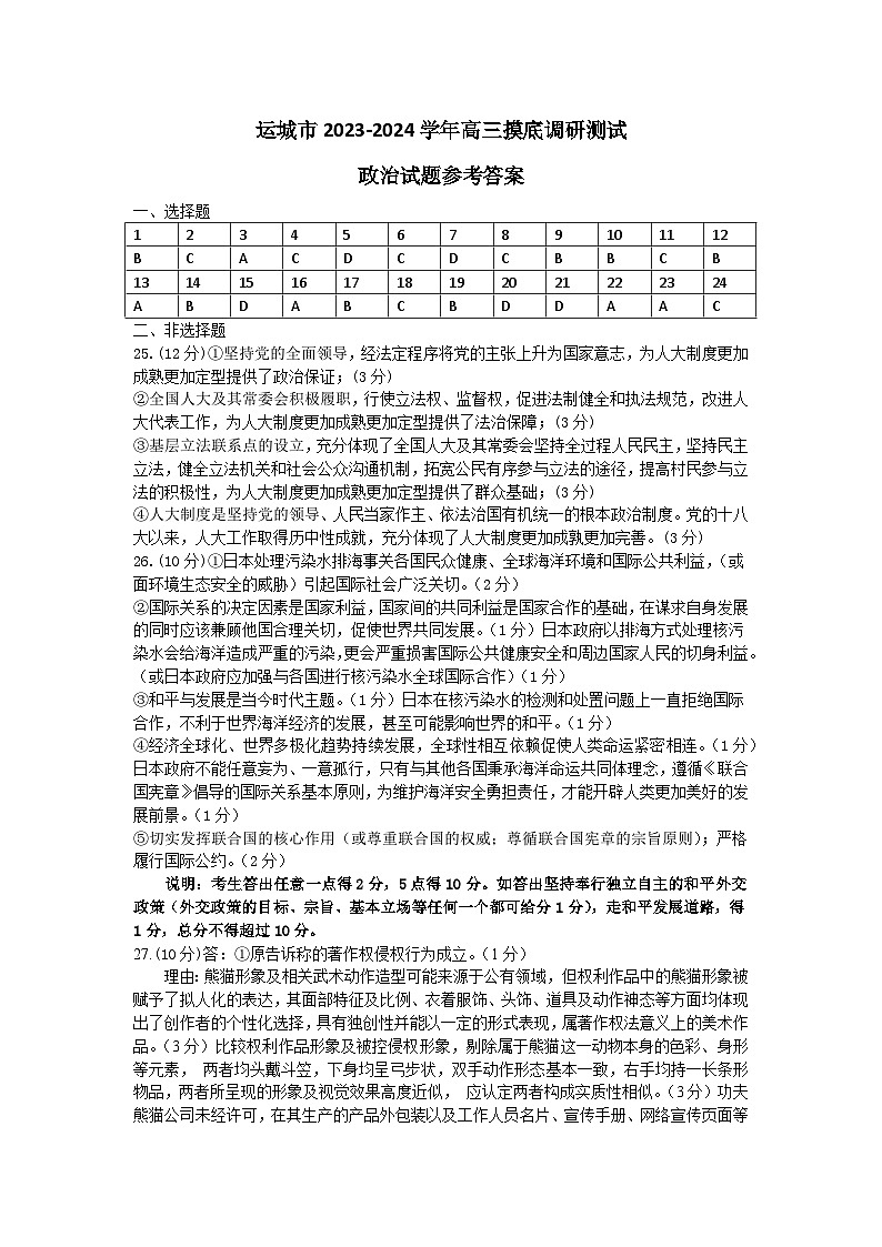 山西省运城市2023-2024学年高三上学期开学摸底考试政治试题01