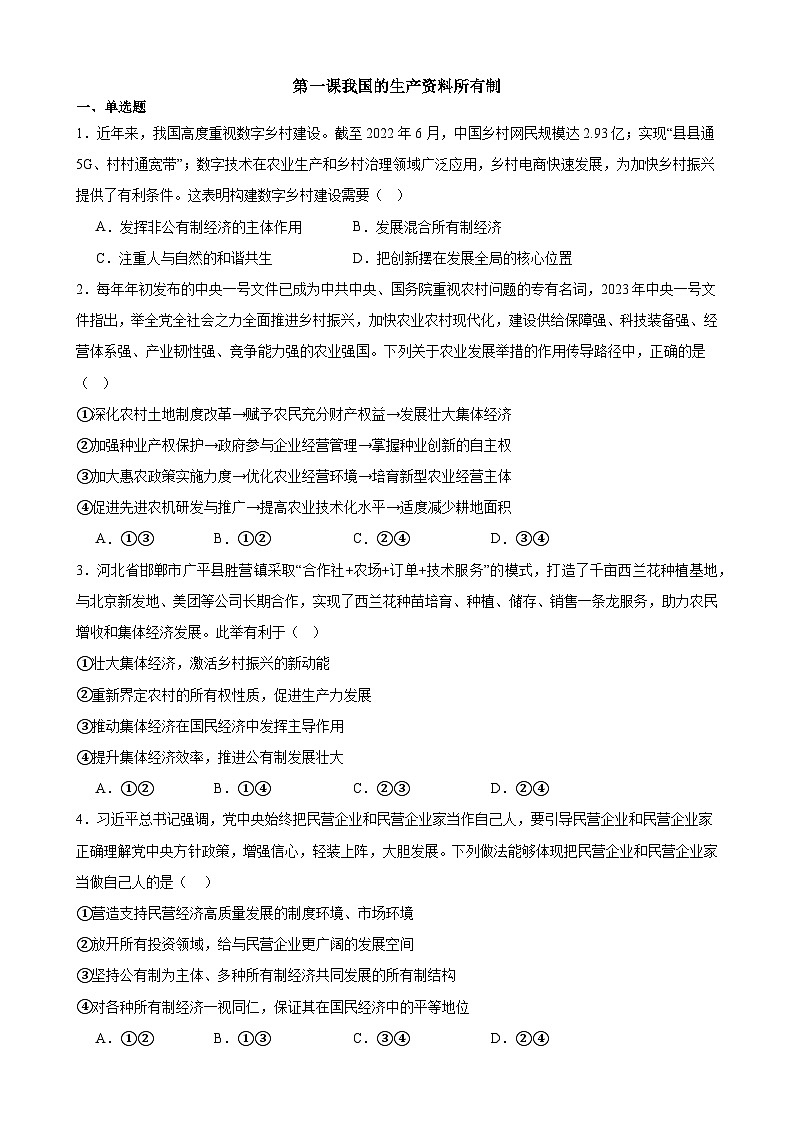 第一课 我国的生产资料所有制 2024年高考政治一轮复习 试卷01