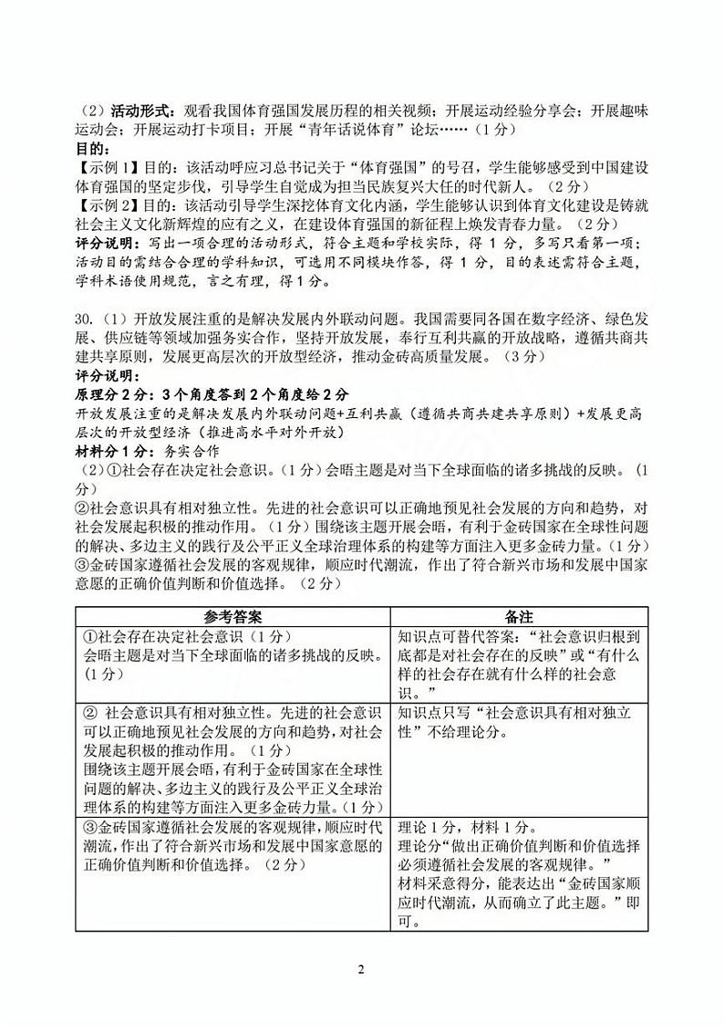 高三年级政治学科参考答案第2页