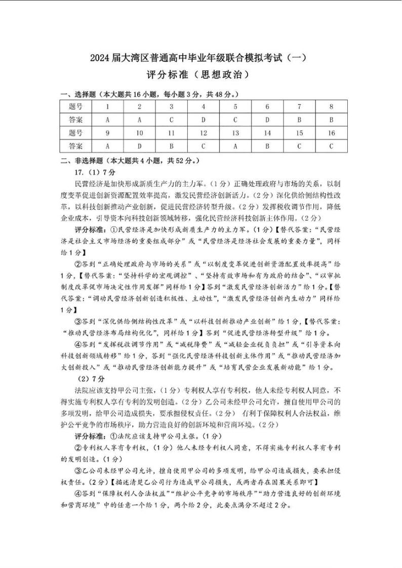 广东省大湾区2023-2024学年高三上学期联合模拟考试（一）政治01
