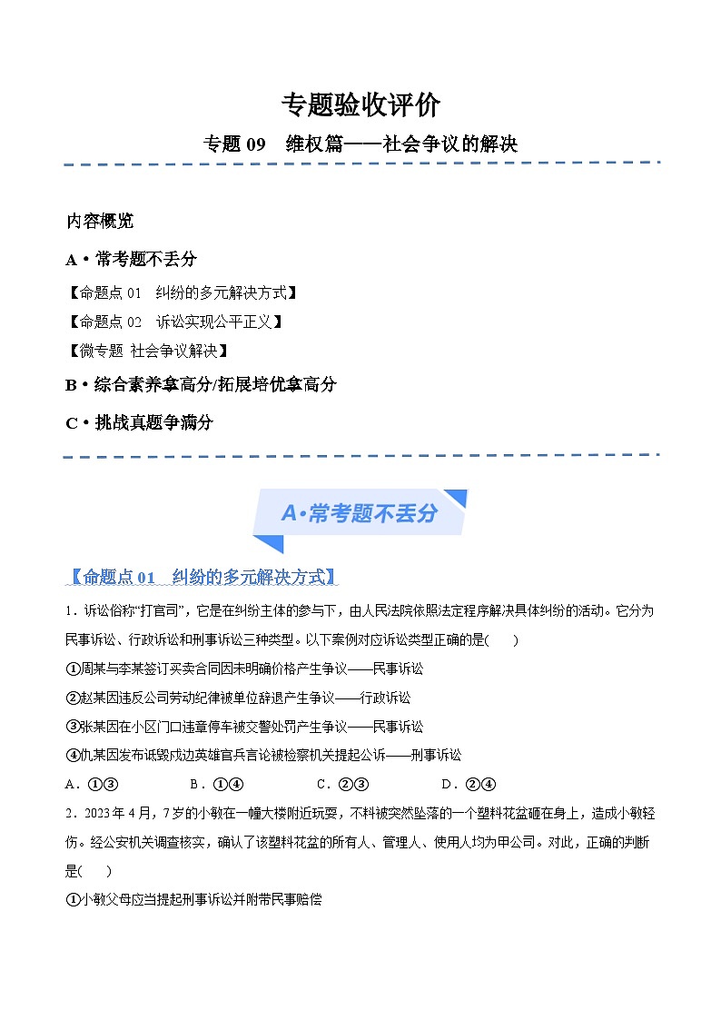专题09 维权篇——社会争议的解决(分层练)2024年高考政治二轮复习高频考点讲义及分层练习(新高考专用)01