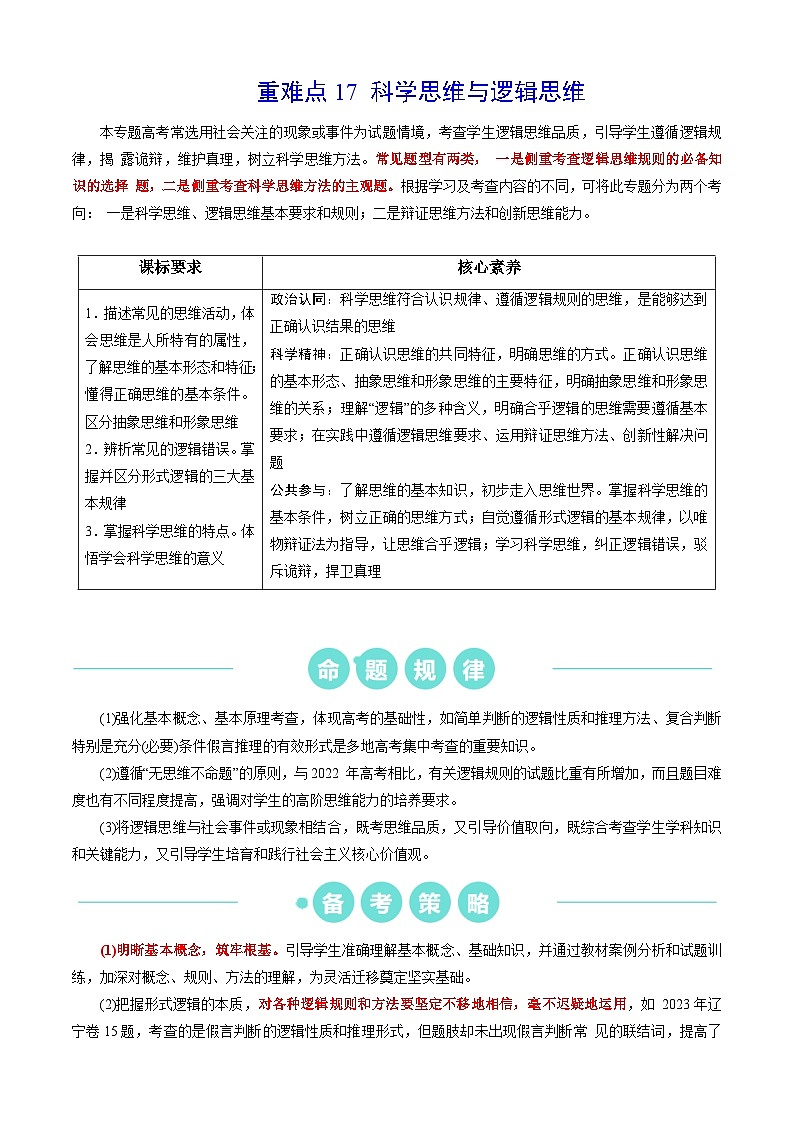 重难点17 科学思维与逻辑思维 2024年高考政治【热点·重难点】专练(新高考专用)01