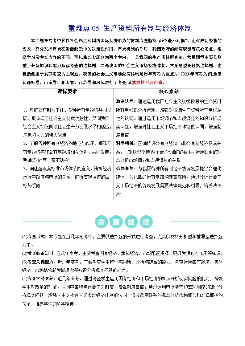 （新高考）高考政治二轮复习热点重难点专练重难点05   生产资料所有制与经济体制（含解析）01