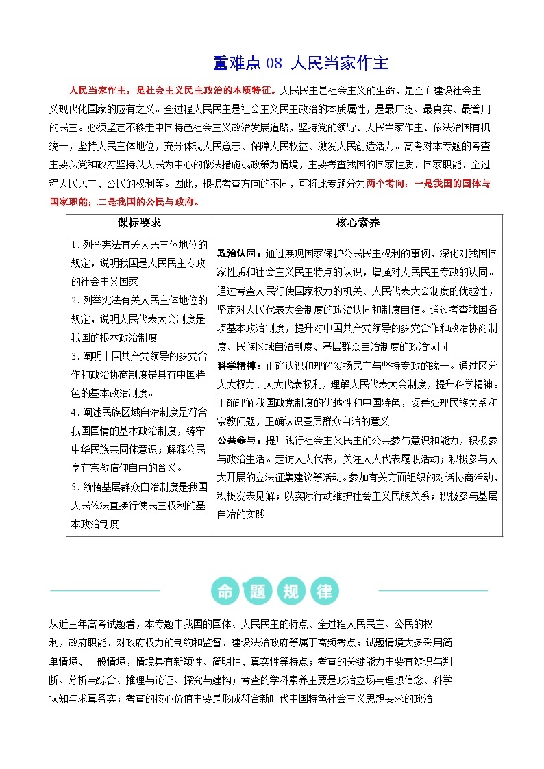 （新高考）高考政治二轮复习热点重难点专练重难点08 人民当家作主（含解析）01